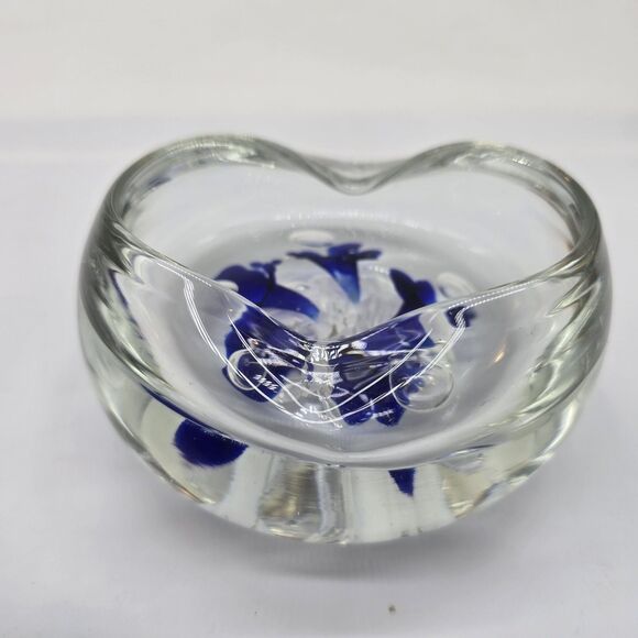 Vintage Jack Conner Paperweight 80s Glass Controlled Bubbles Blue Floral - Picture 2 of 8